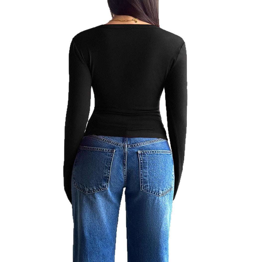 Autumn and winter slim fit long sleeved T-shirt with single breasted open lining top for women