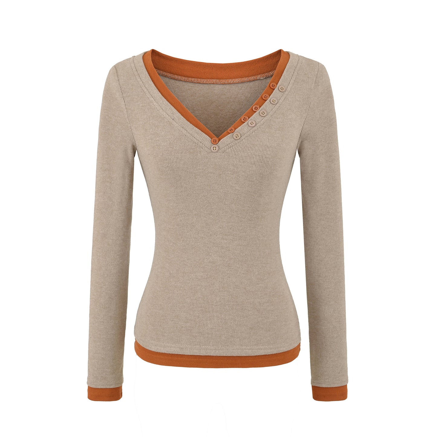 V-neck long sleeved pullover T-shirt