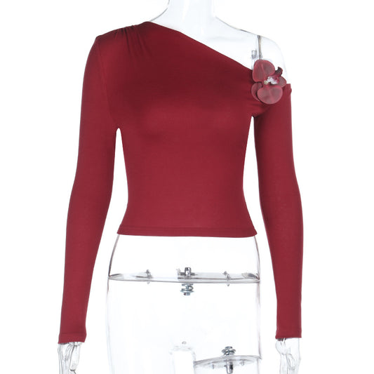 Retro wine red rose spicy girl sexy slanted shoulder T-shirt top for women