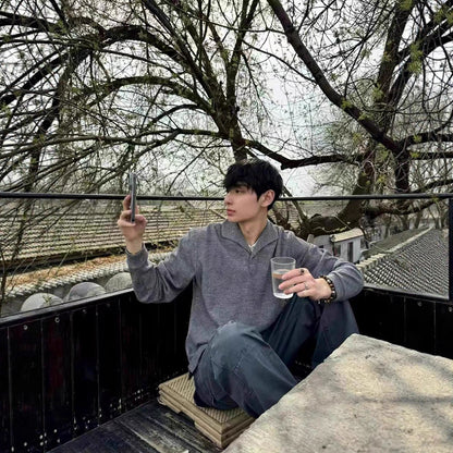 Textured Gray Long Sleeve Polo Shirt Men's Autumn Style Old Money Look Cat's Eye Stone Regular Shoulder T-Shirt