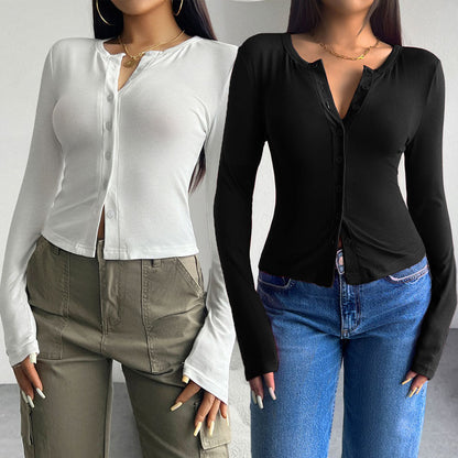 Autumn and winter slim fit long sleeved T-shirt with single breasted open lining top for women