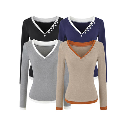 V-neck long sleeved pullover T-shirt
