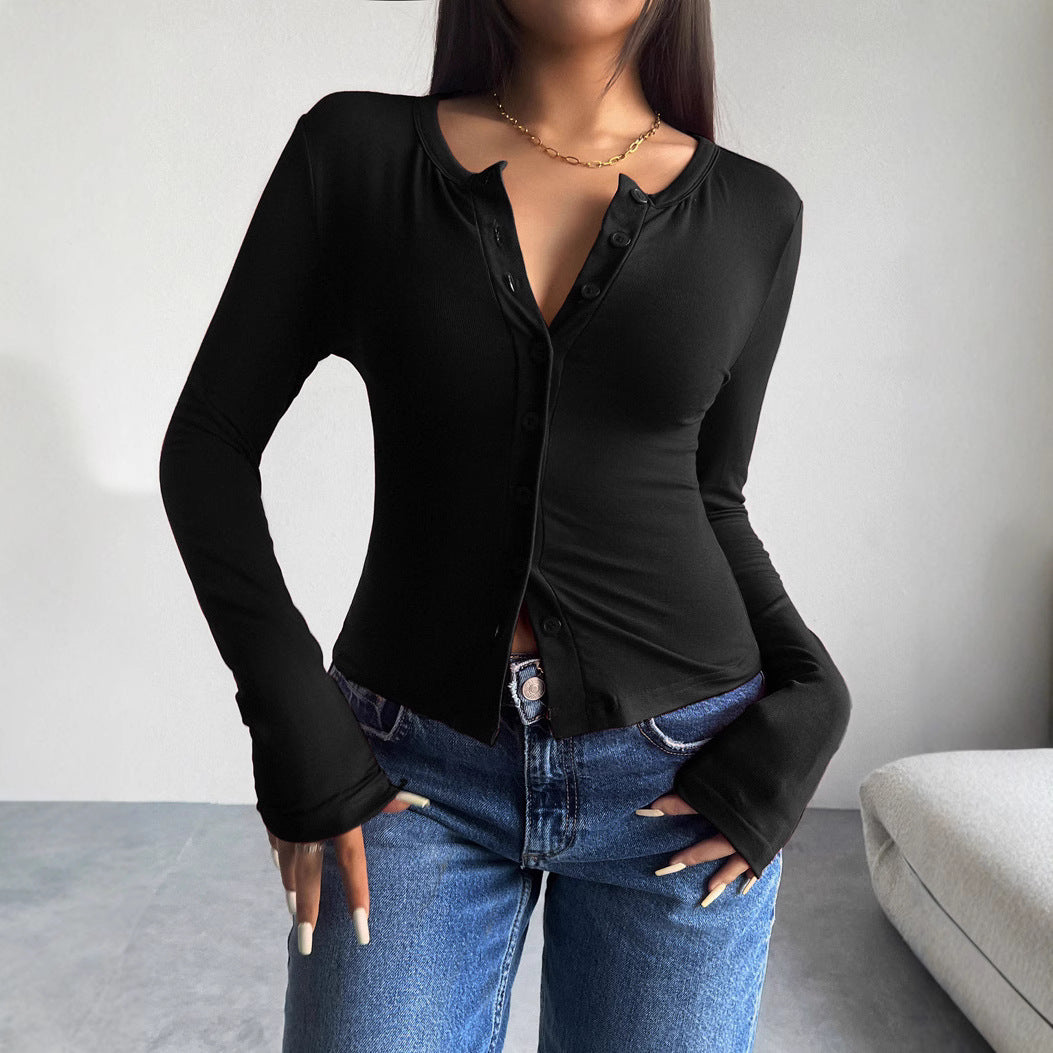 Autumn and winter slim fit long sleeved T-shirt with single breasted open lining top for women