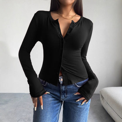 Autumn and winter slim fit long sleeved T-shirt with single breasted open lining top for women