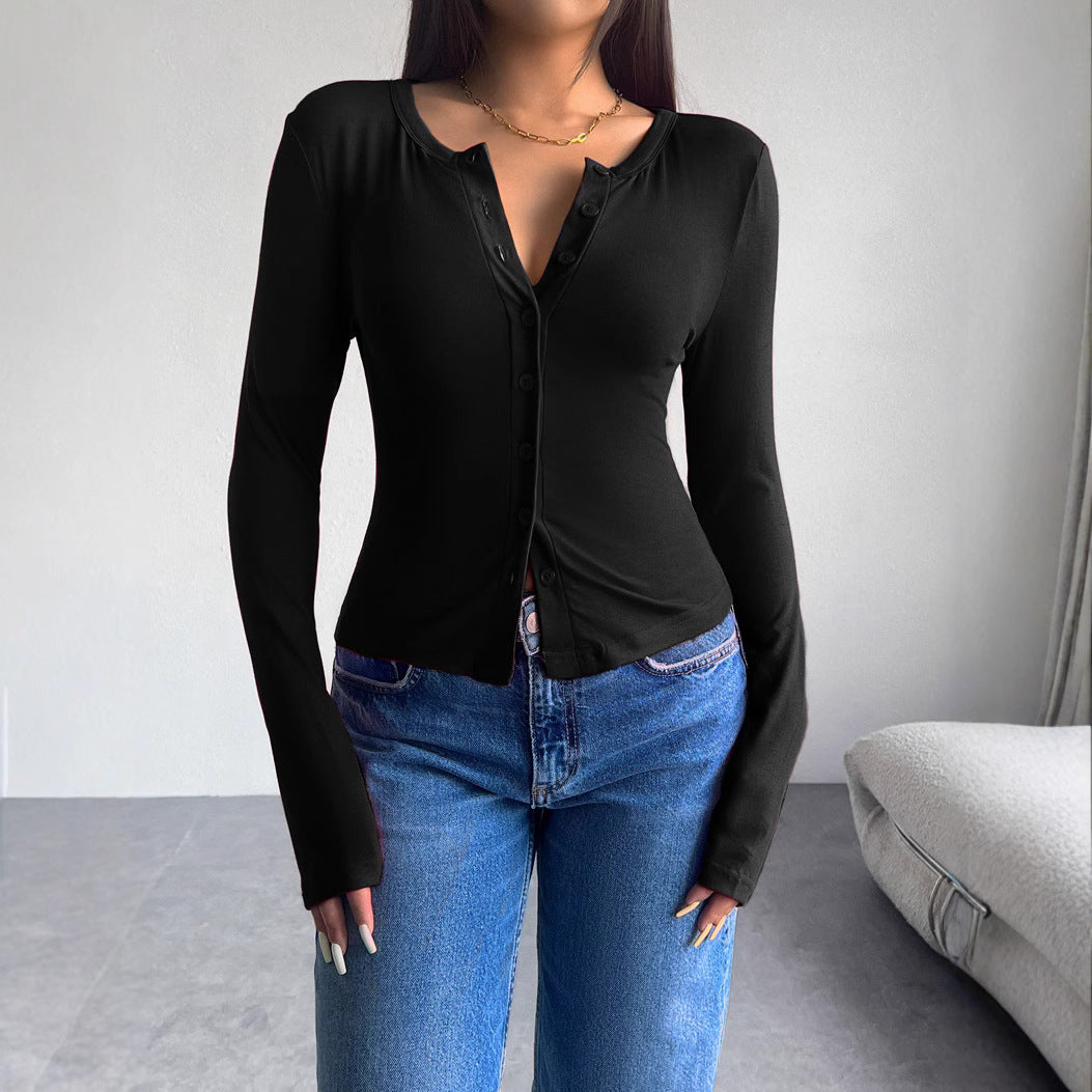 Autumn and winter slim fit long sleeved T-shirt with single breasted open lining top for women