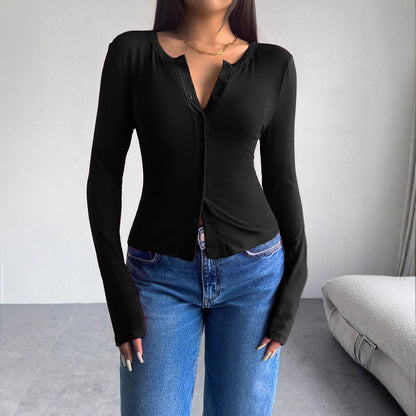 Autumn and winter slim fit long sleeved T-shirt with single breasted open lining top for women