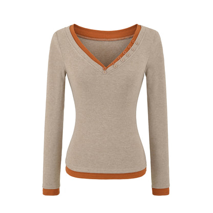 V-neck long sleeved pullover T-shirt